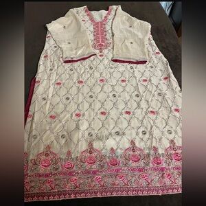 Elegant Embroidered Cream and Pink 3 pcs plus size Suit